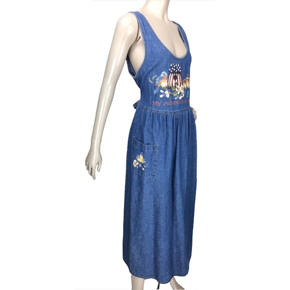 VTG 80s Patriotic "My American Home" Flag Birds Floral Denim Jumper Dress Small - Picture 1 of 8